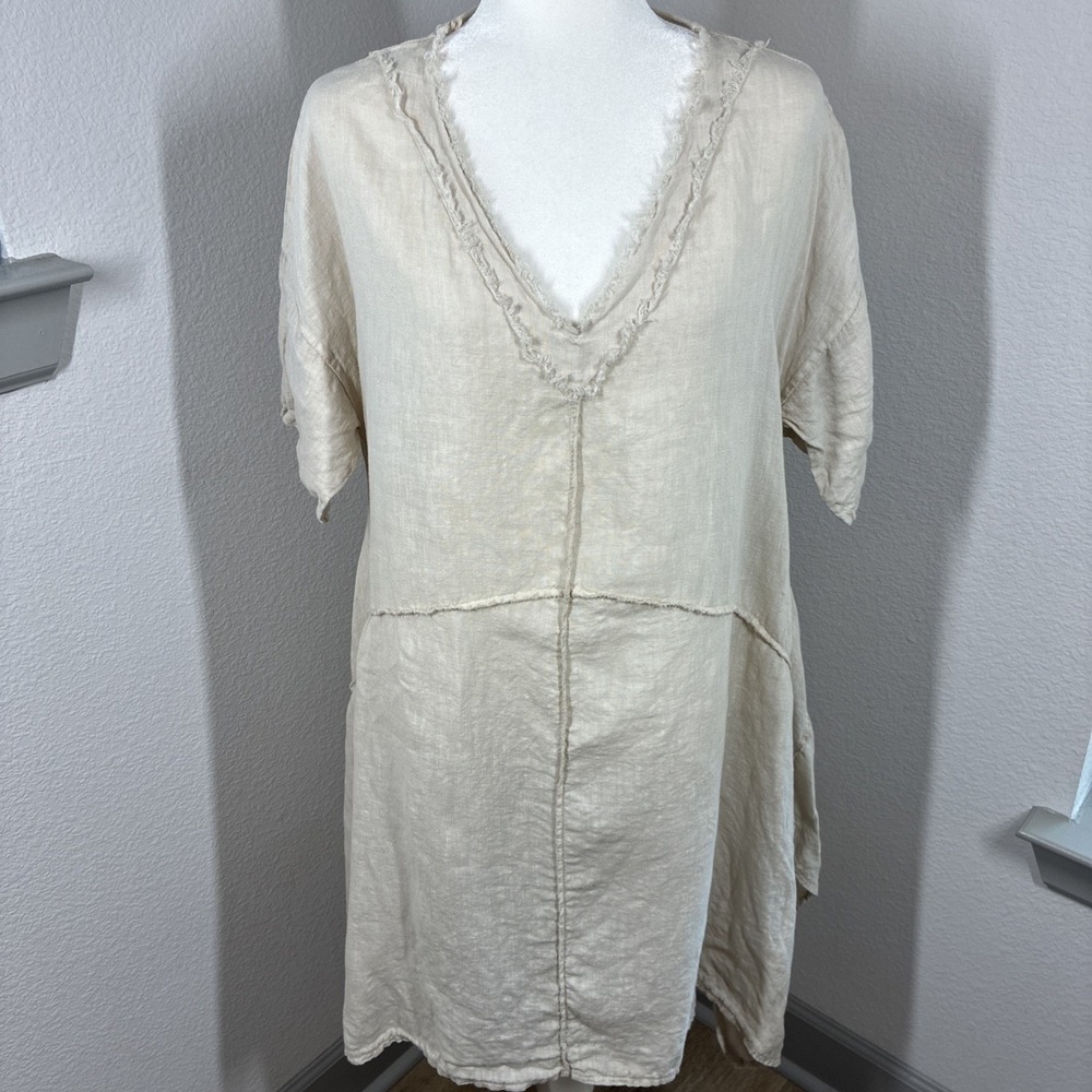 MARISIMA Italy Linen Tunic Dress One Size Raw Hem Boho Lagenlook Peasant Pockets